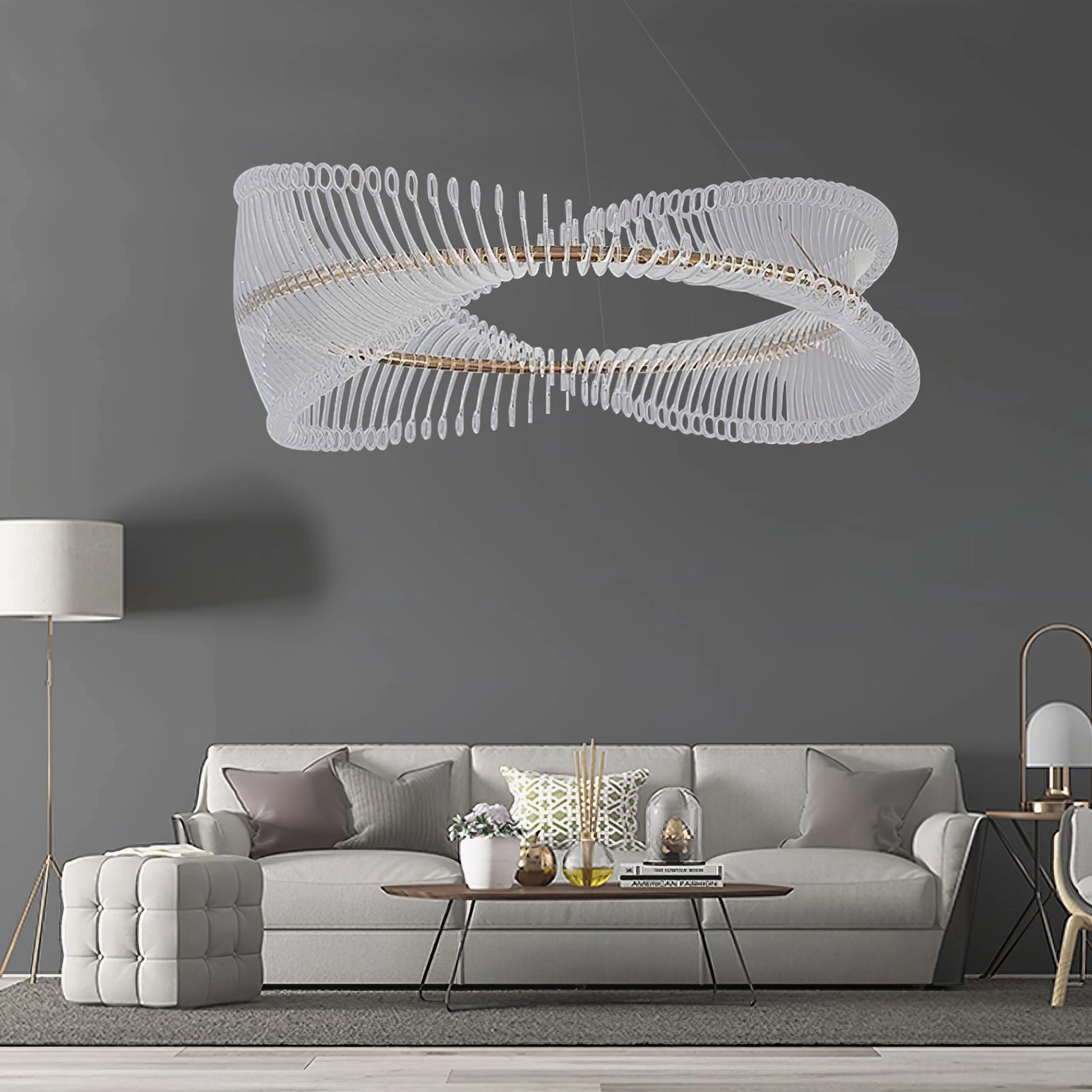 Contemporary Möbius strip chandelier in casual modern living room with gray sofa, minimalist luxury aesthetic