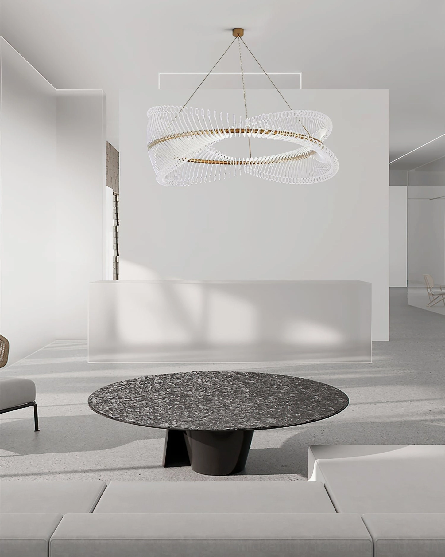 Contemporary Möbius strip crystal chandelier installation guide showing ceiling mount and cable adjustment
