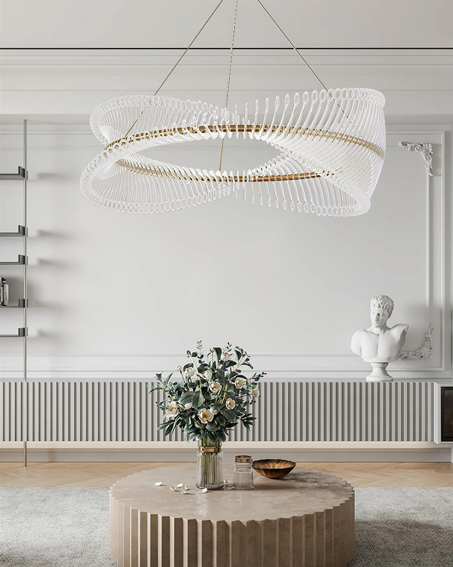Sophisticated Möbius strip crystal chandelier in formal living room with luxury neutral decor and elegant furnishings