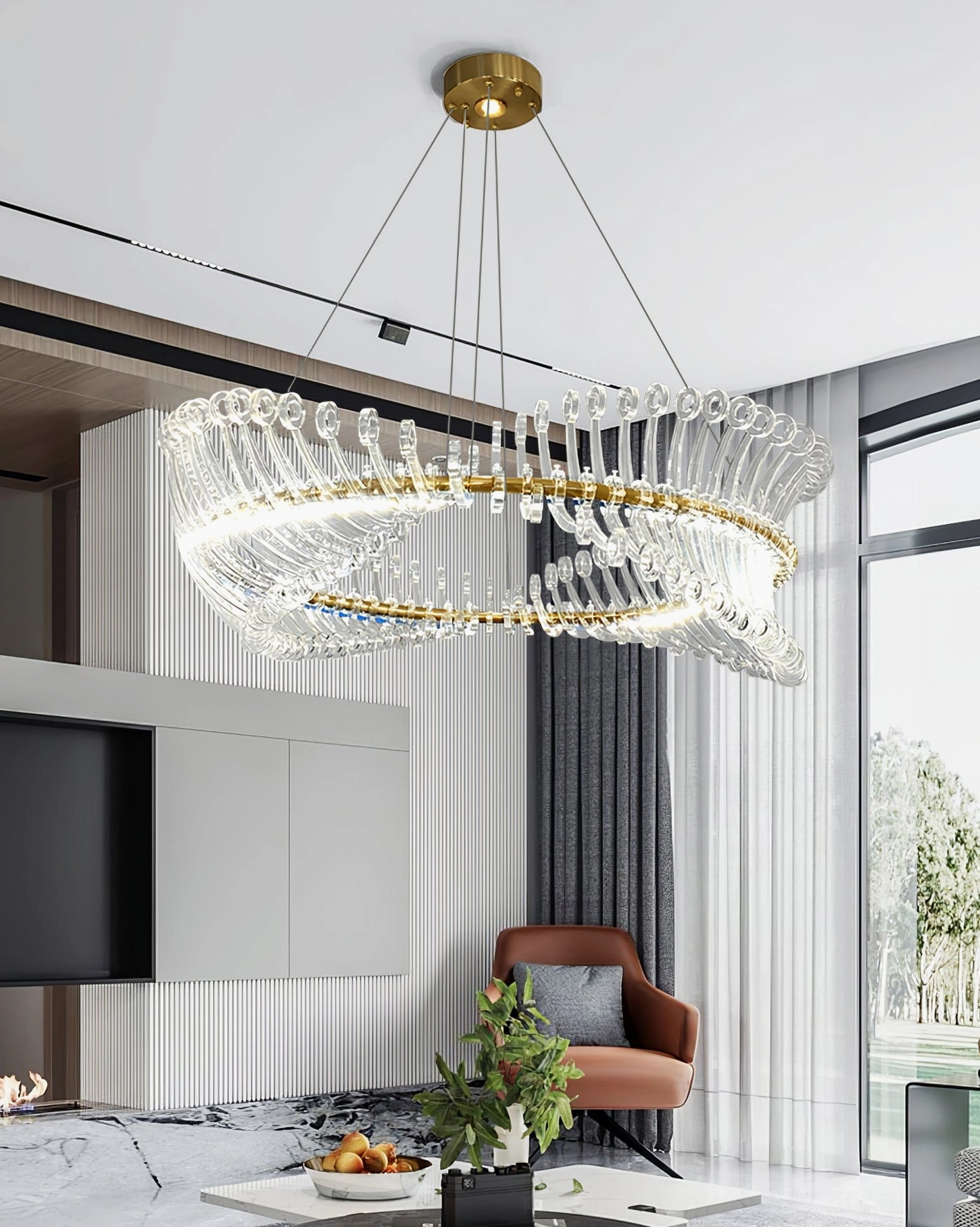 Elegant Möbius gold chandelier 360-degree architectural view emphasizing geometric innovation and form