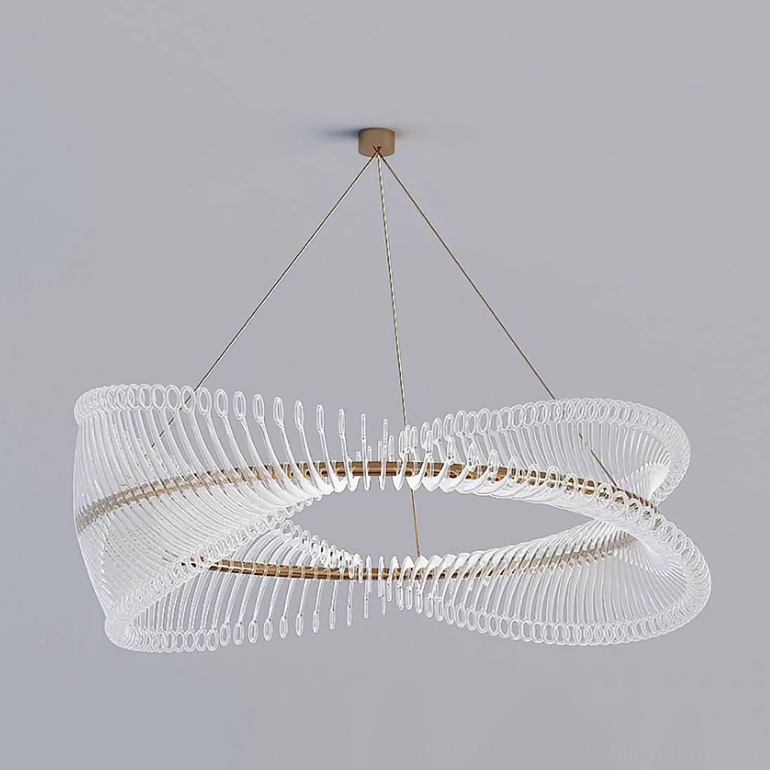 Contemporary Möbius strip chandelier front flat view highlighting twisted loop silhouette and transparent elements