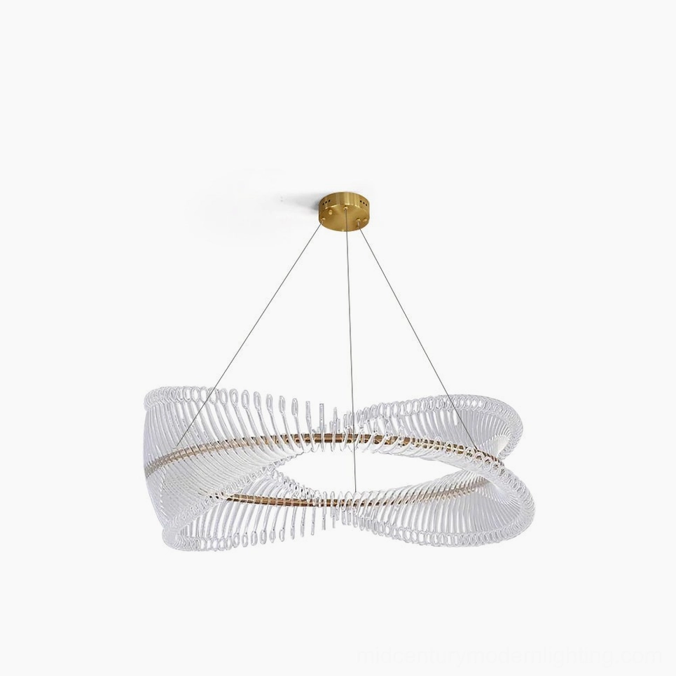 Modern Möbius strip crystal chandelier with gold metal frame and clear acrylic elements, studio front view on white background