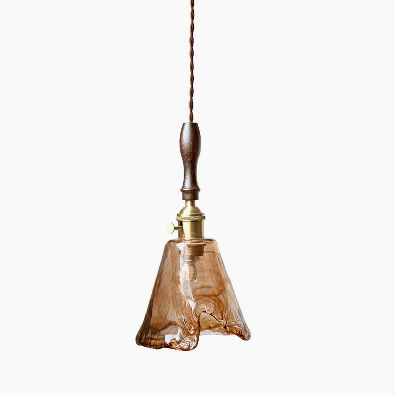 Model A mid-century amber glass pendant lamp with walnut wood handle, dimensional view