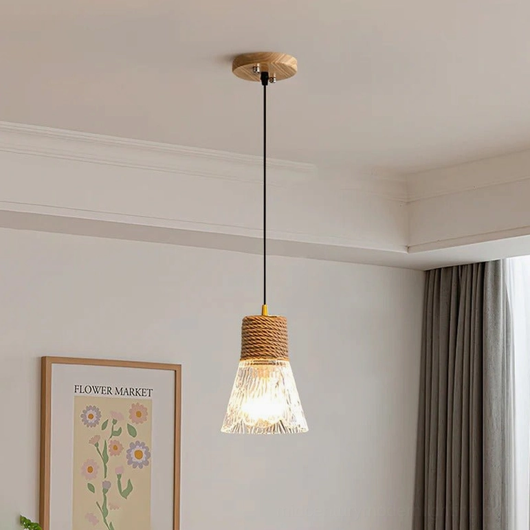 Model A size hemp rope glass pendant lamp detail view, accent lighting fixture for small spaces