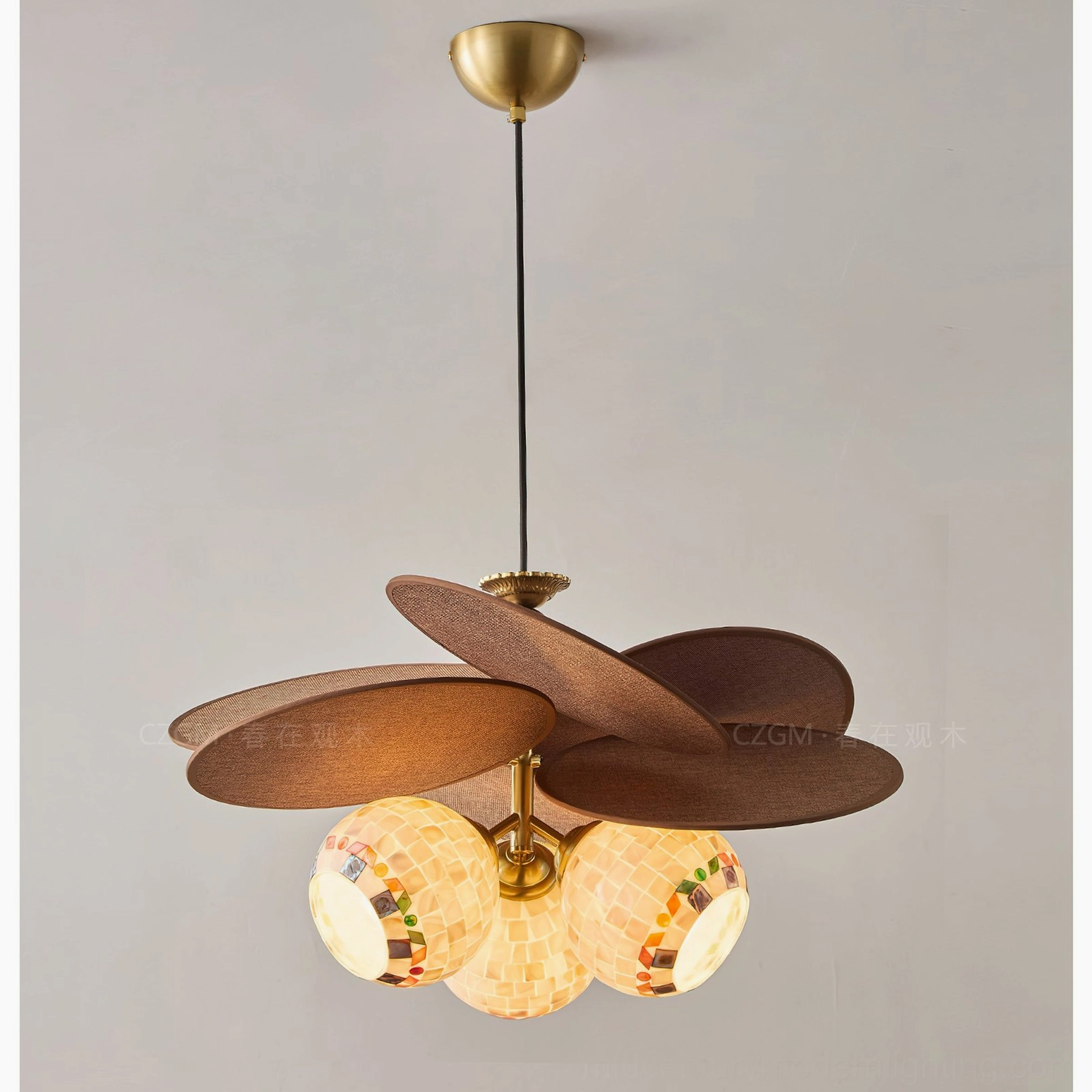 Model A three-light Zinnia Flora chandelier ceiling suspension with shell globe array
