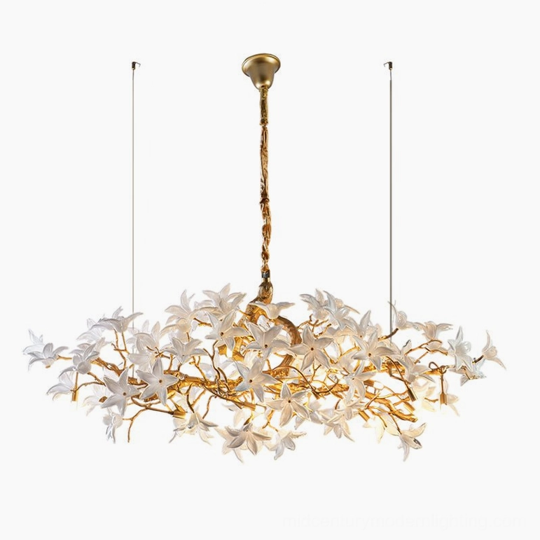Model B blossom branch chandelier circular form with dense white floral ornaments and warm brass finish