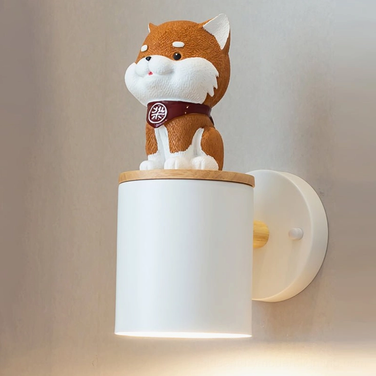 Model B grey Shiba Inu wall lamp with white metal finish and natural wood trim accent