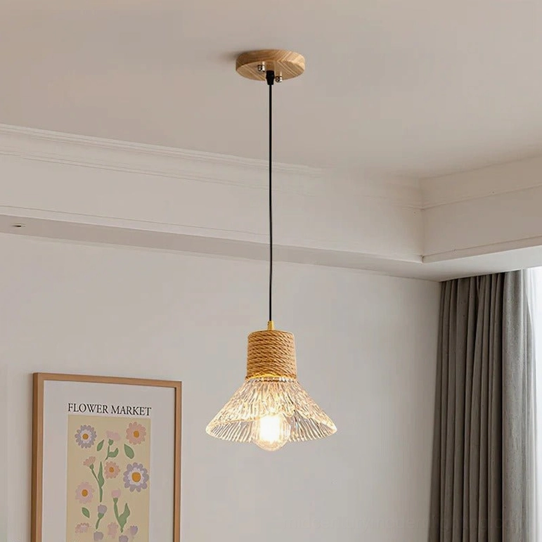 Model B size hemp rope glass pendant lamp in interior setting, mid-size frosted glass pendant for kitchen or bedroom