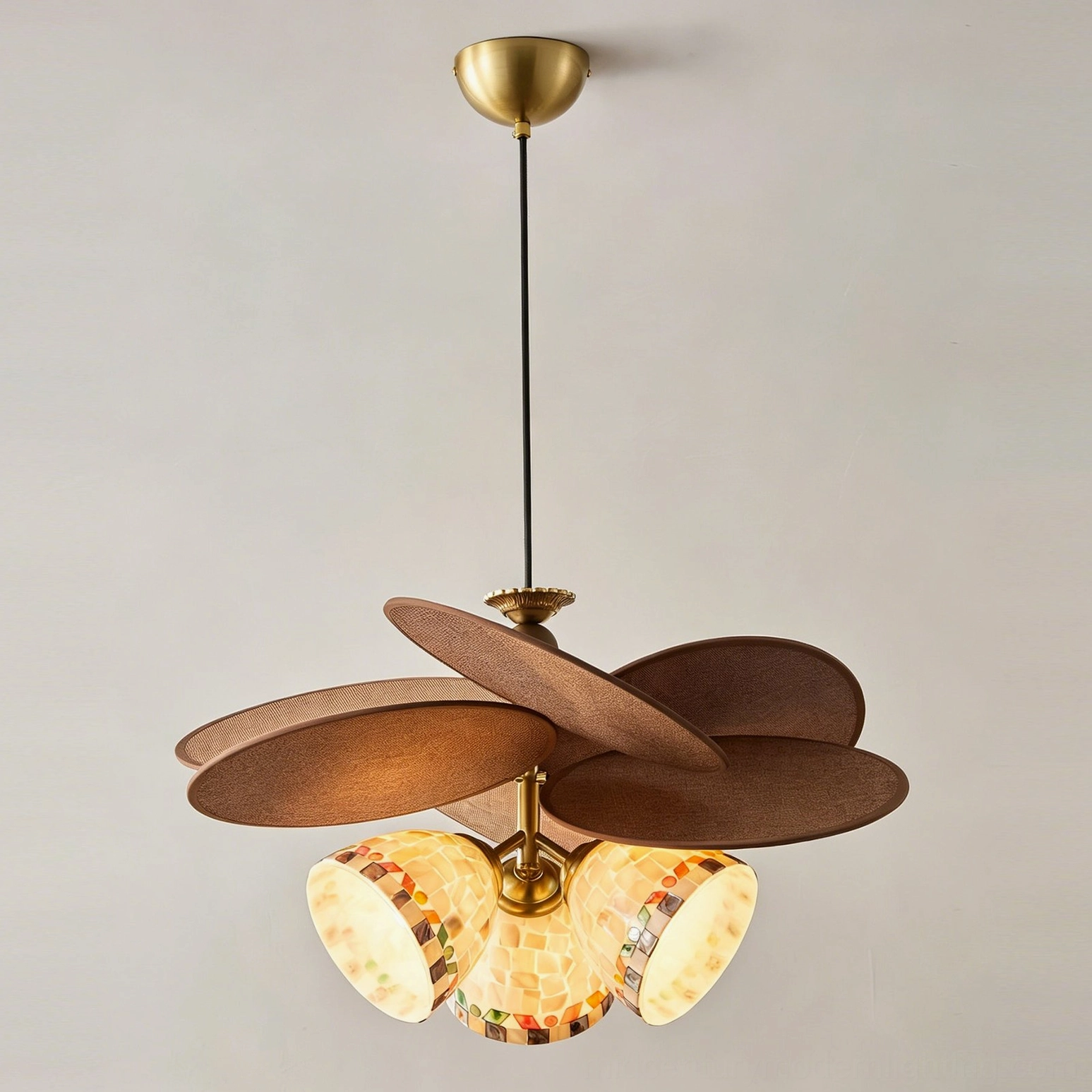 Model B three-light Zinnia Flora chandelier with multiple mosaic shell globes and woven shade