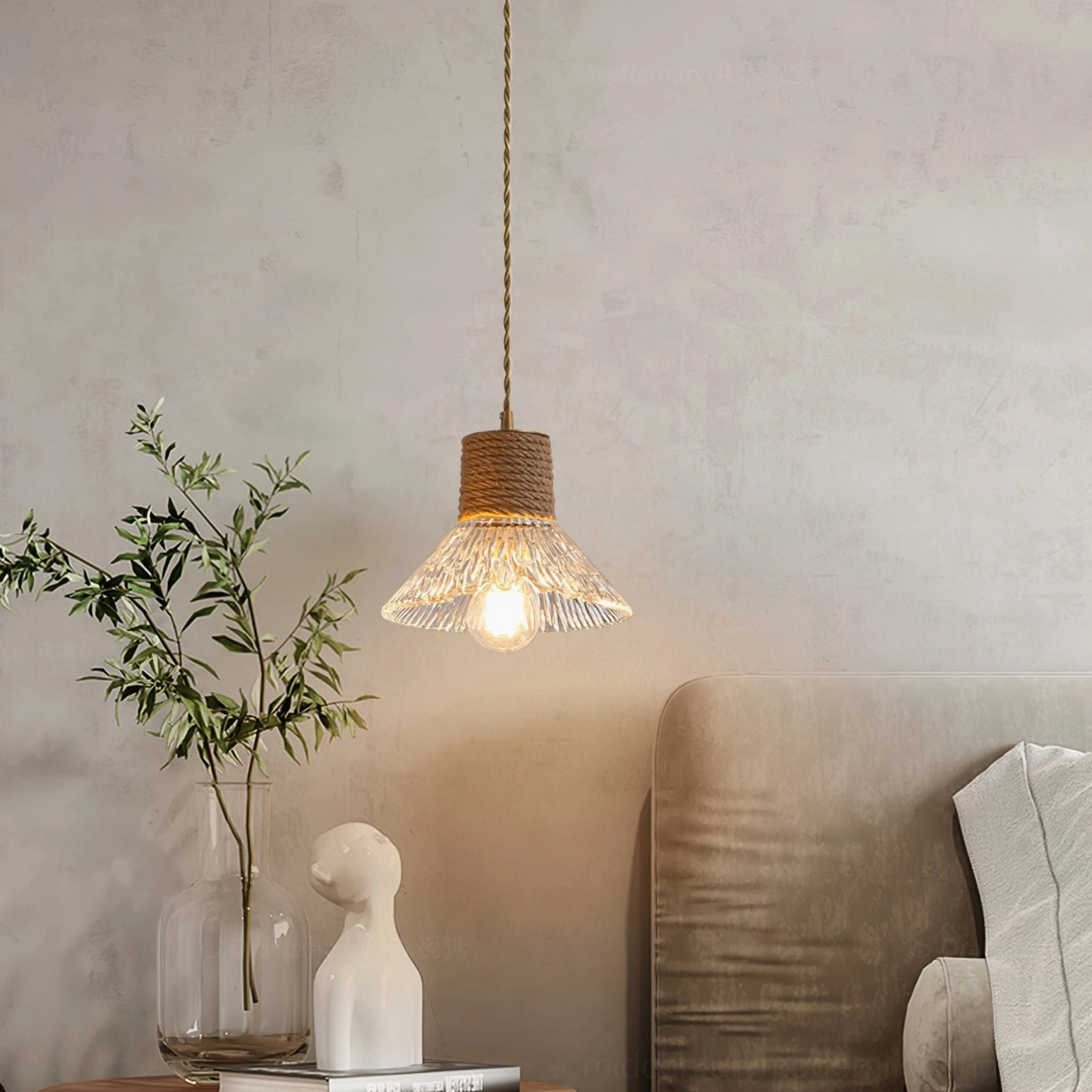 Model C size hemp rope glass pendant lamp, large diameter frosted glass shade with natural rope wrapping