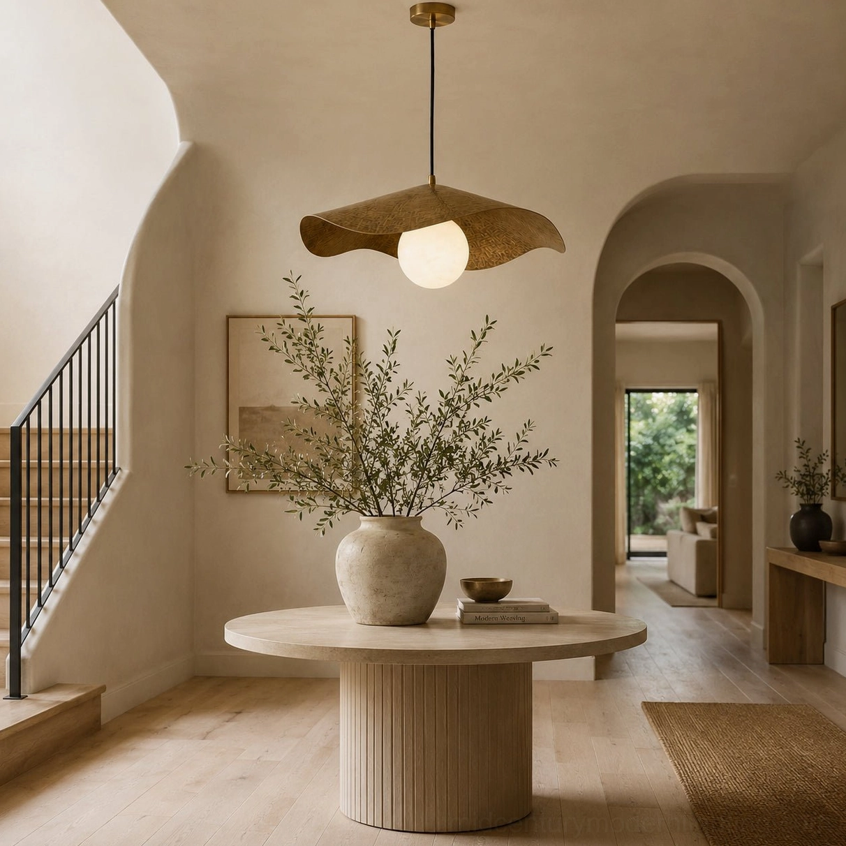 Organic modern alabaster pendant suspended above minimalist round table in warm neutral living room area