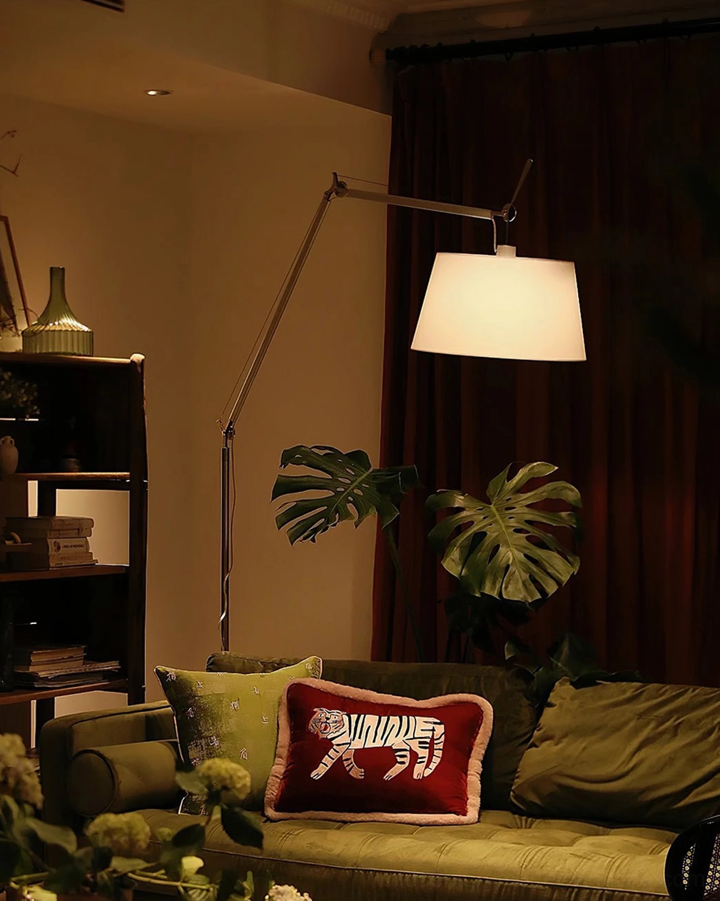 Modern articulating floor lamp with precision metal jointing, fog silver finish and adjustable fabric shade