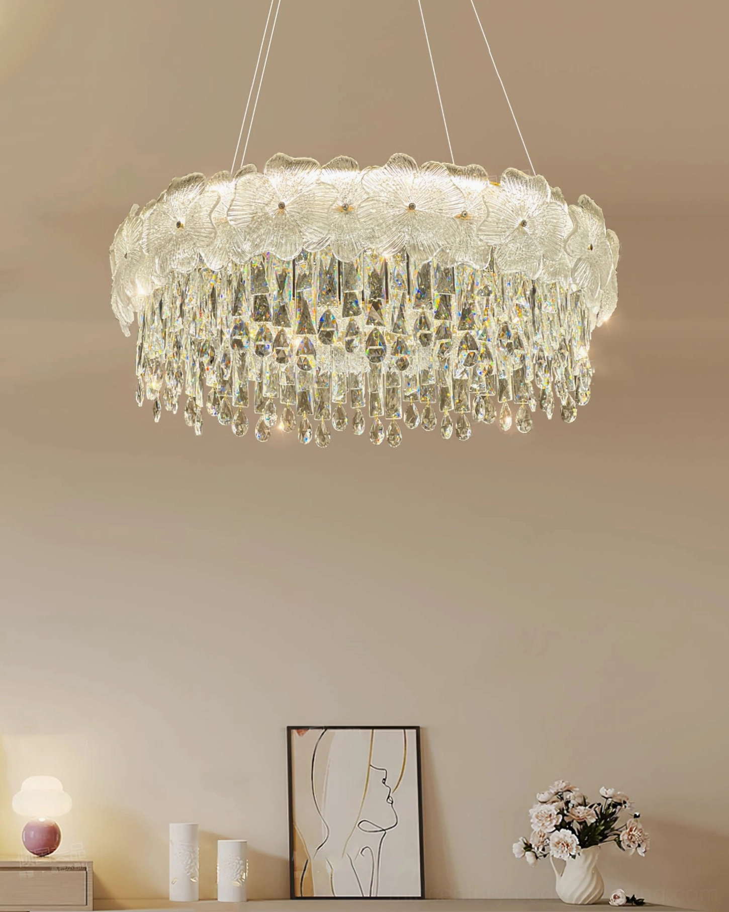 Modern ceiling light fixture crystal chandelier luxury entryway foyer dramatic focal point architectural presence