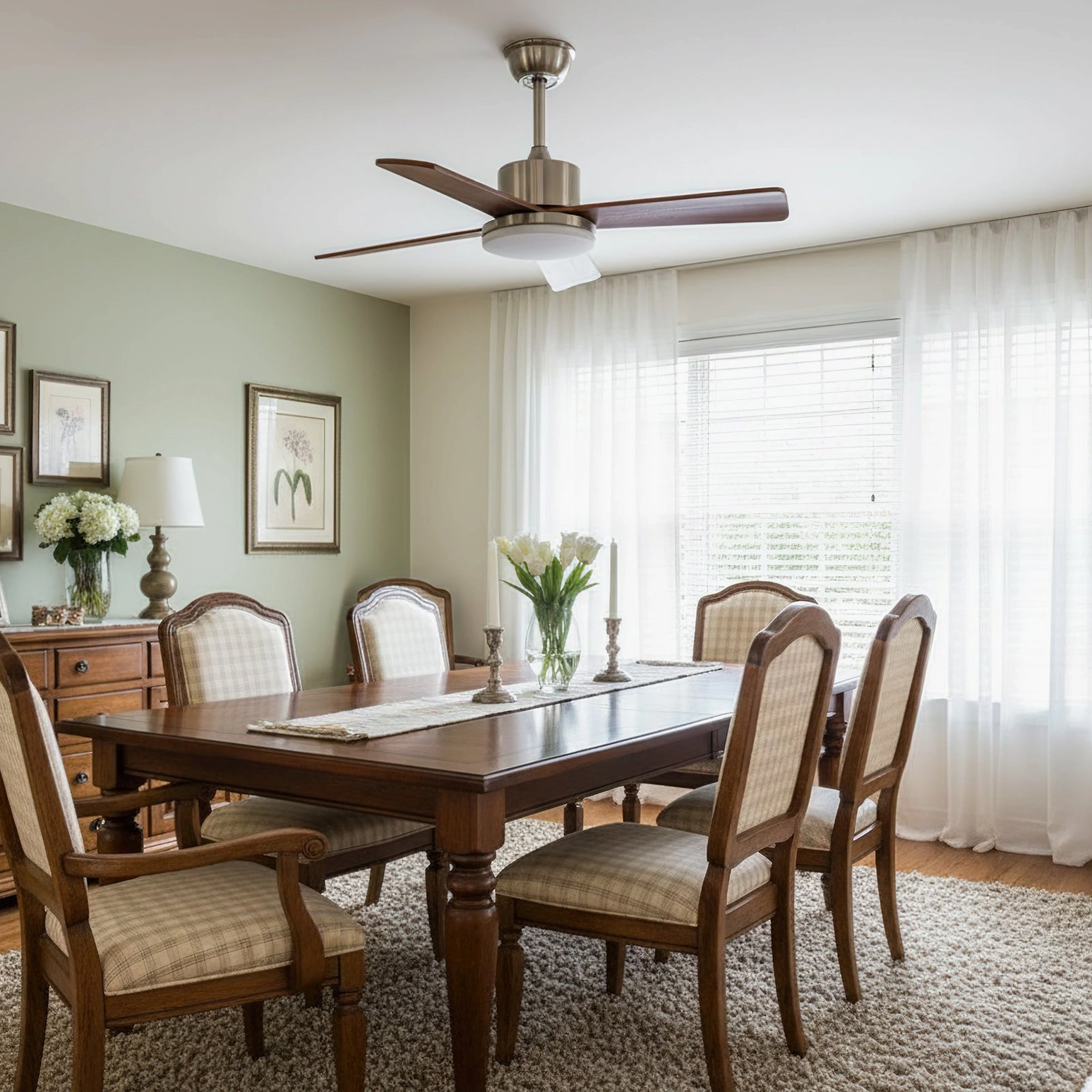Contemporary ceiling fan light fixture in bright sunlit dining space with warm American home decor aesthetic