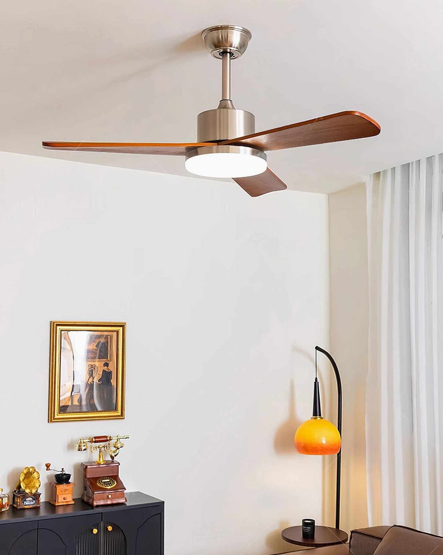Ceiling fan light with three-color LED displayed on home decor corner wall showing minimalist warm interior styling
