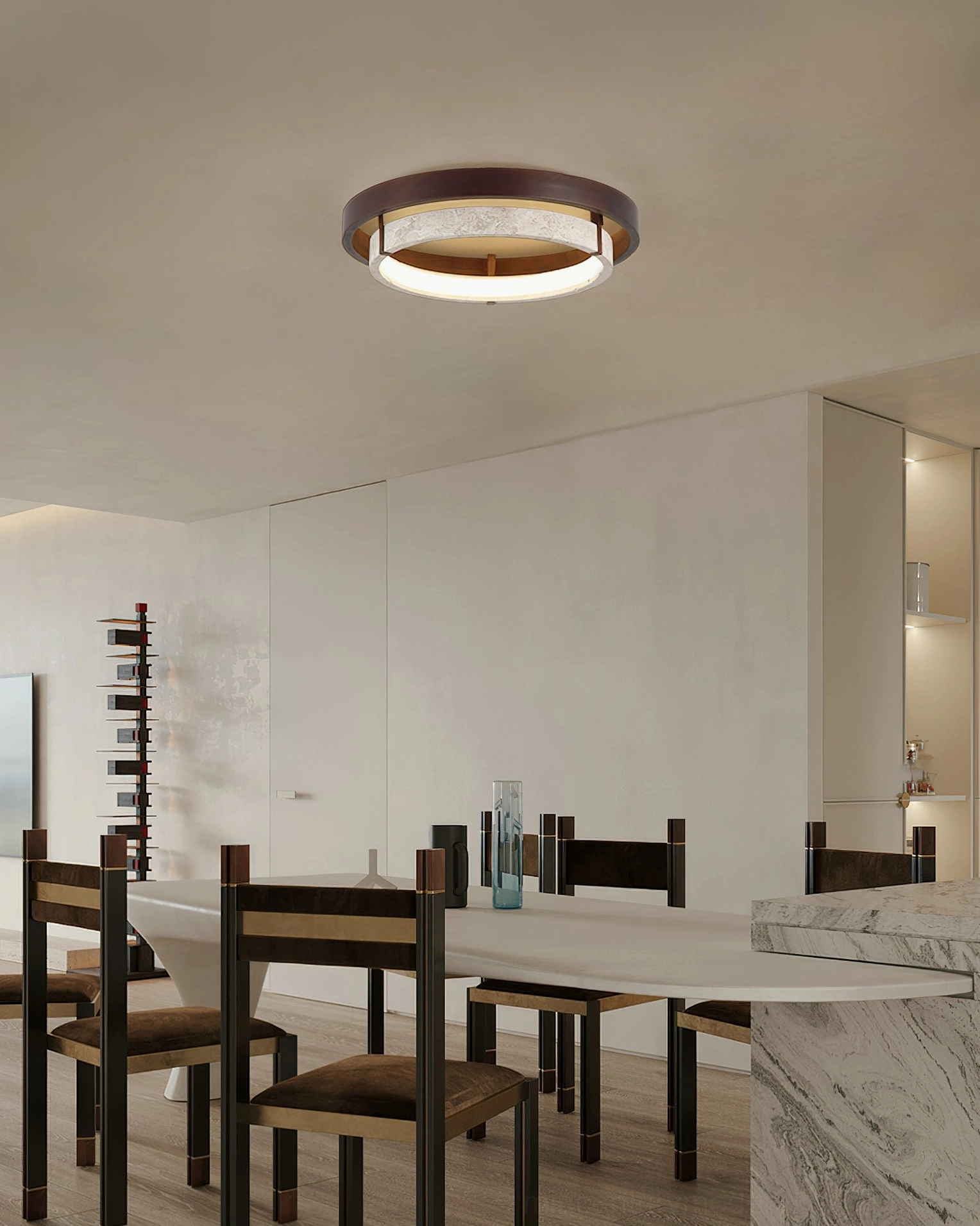 Contemporary flush mount light fixture in minimalist formal dining room with neutral decor