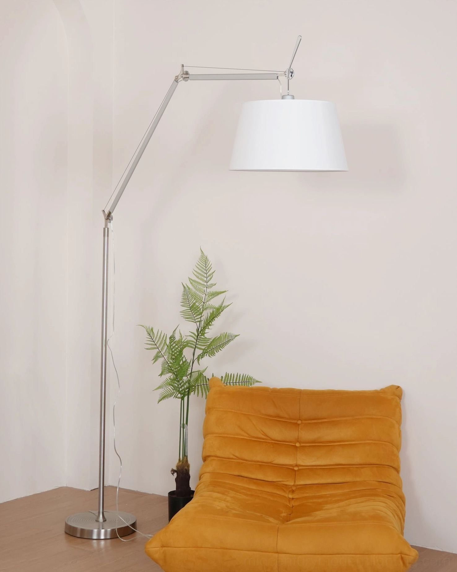 Modern classic articulating floor lamp with fog silver finish and white shade, mid-century design for contemporary spaces