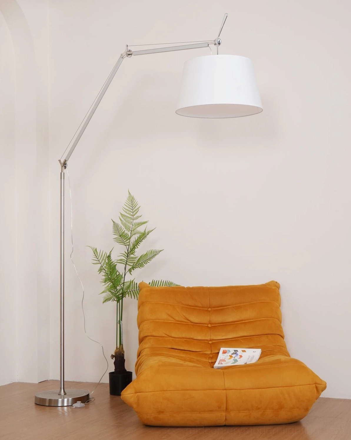 Modern classic floor lamp with telescoping swing arm, fog silver color metal body and white drum shade