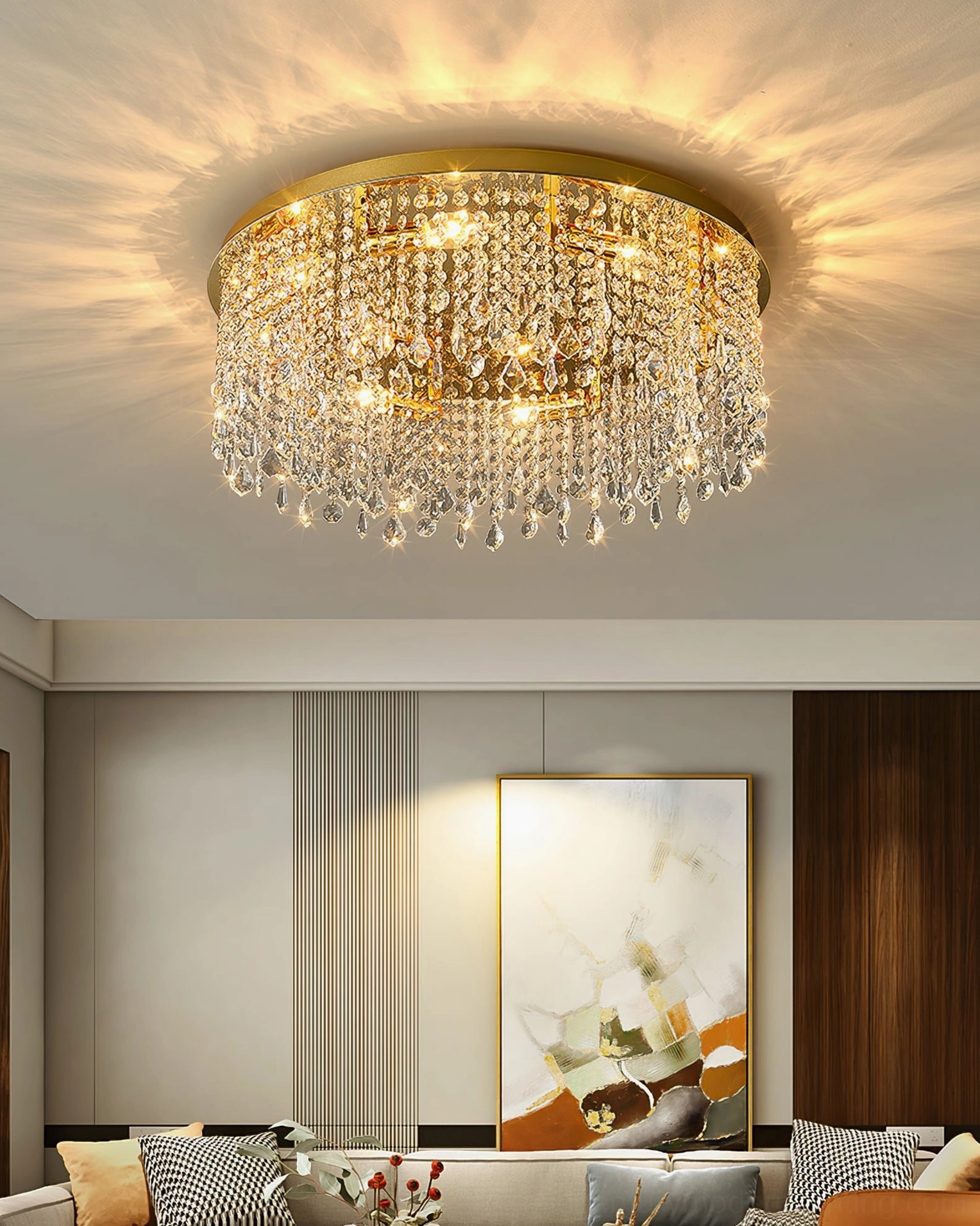 Overhead angle of modern crystal ceiling lamp highlighting the architectural crystal design and gold trim