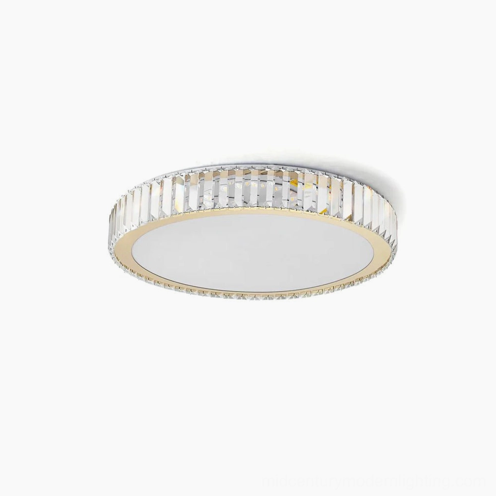 Modern round crystal flush mount ceiling light with gold stainless steel frame, studio close-up view