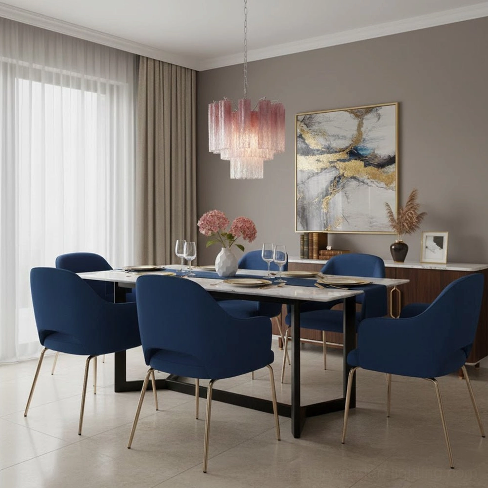 Pink Murano glass tube chandelier in contemporary dining room with blue accent chairs, grey walls and abstract art
