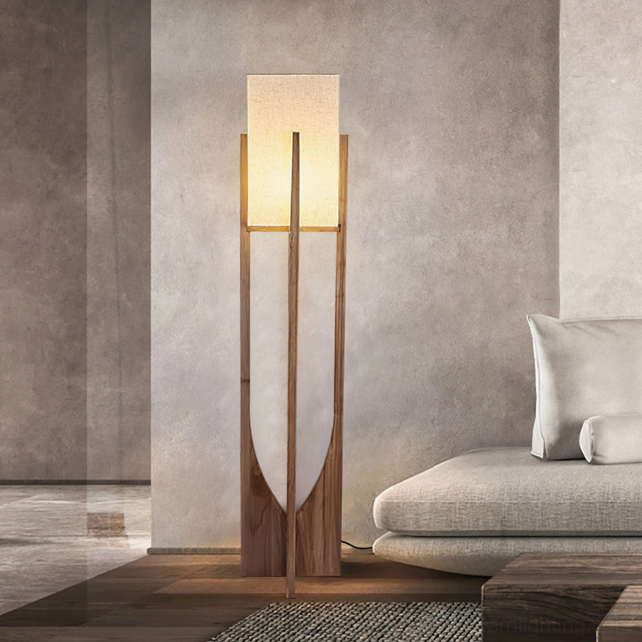 Mid-century modern floor lamp with natural wood base positioned in contemporary living room with concrete wall and sofa