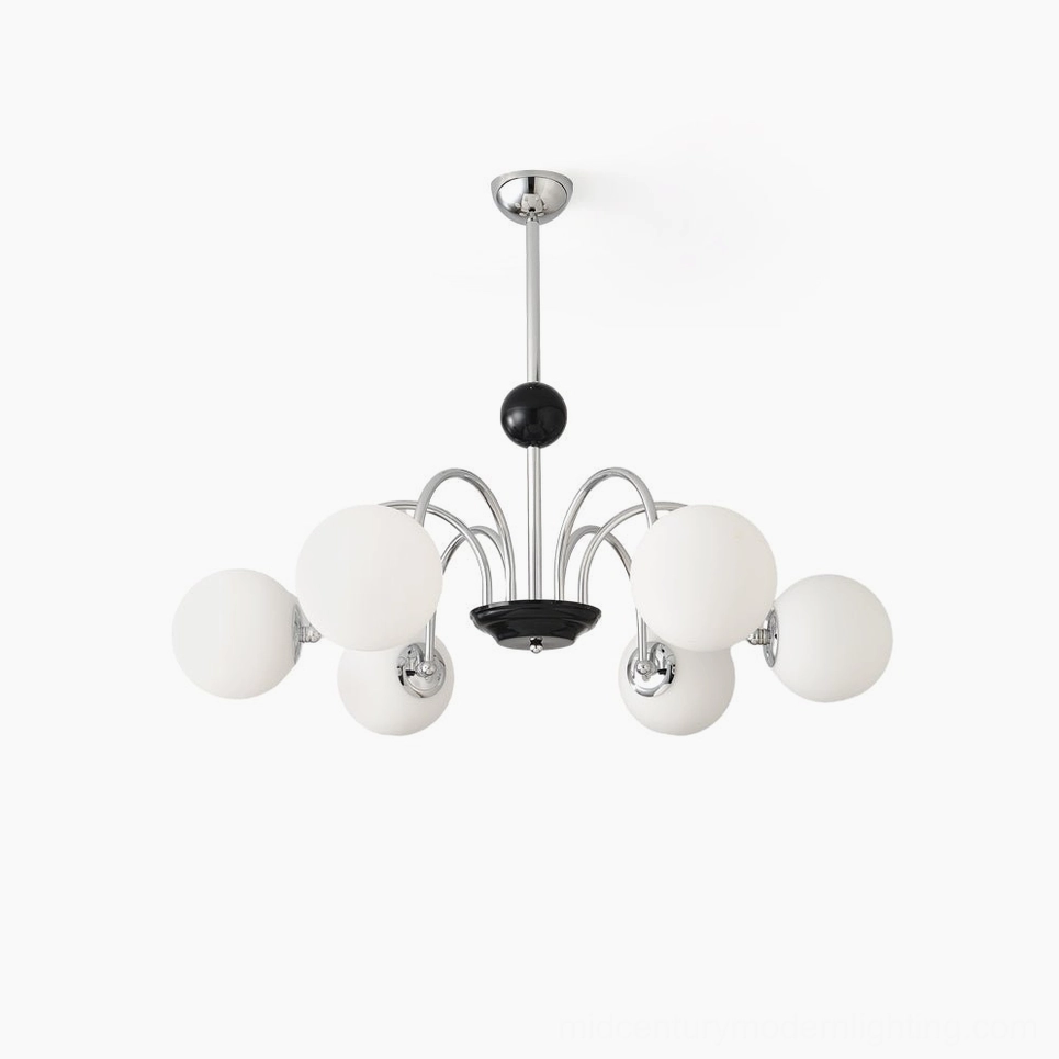 Modern multi-globe chandelier with frosted white glass shades and silver-black metal frame, front view on white background
