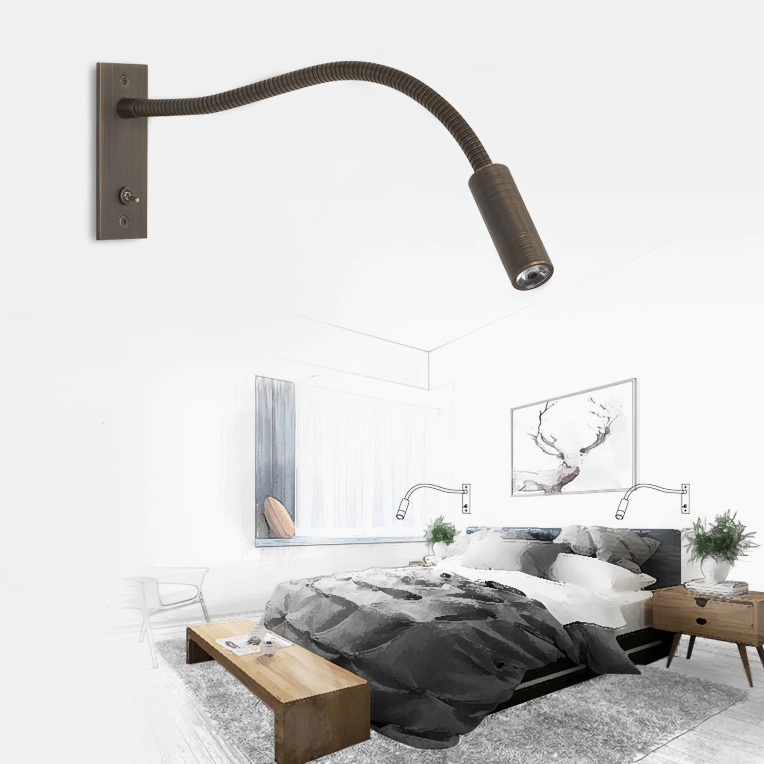 Modern gooseneck LED wall sconce sand nickel, minimalist aluminum alloy construction