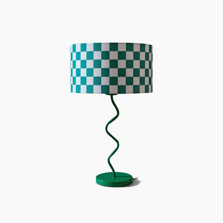 Modern green chessboard table lamp full product view with fabric shade and iron base