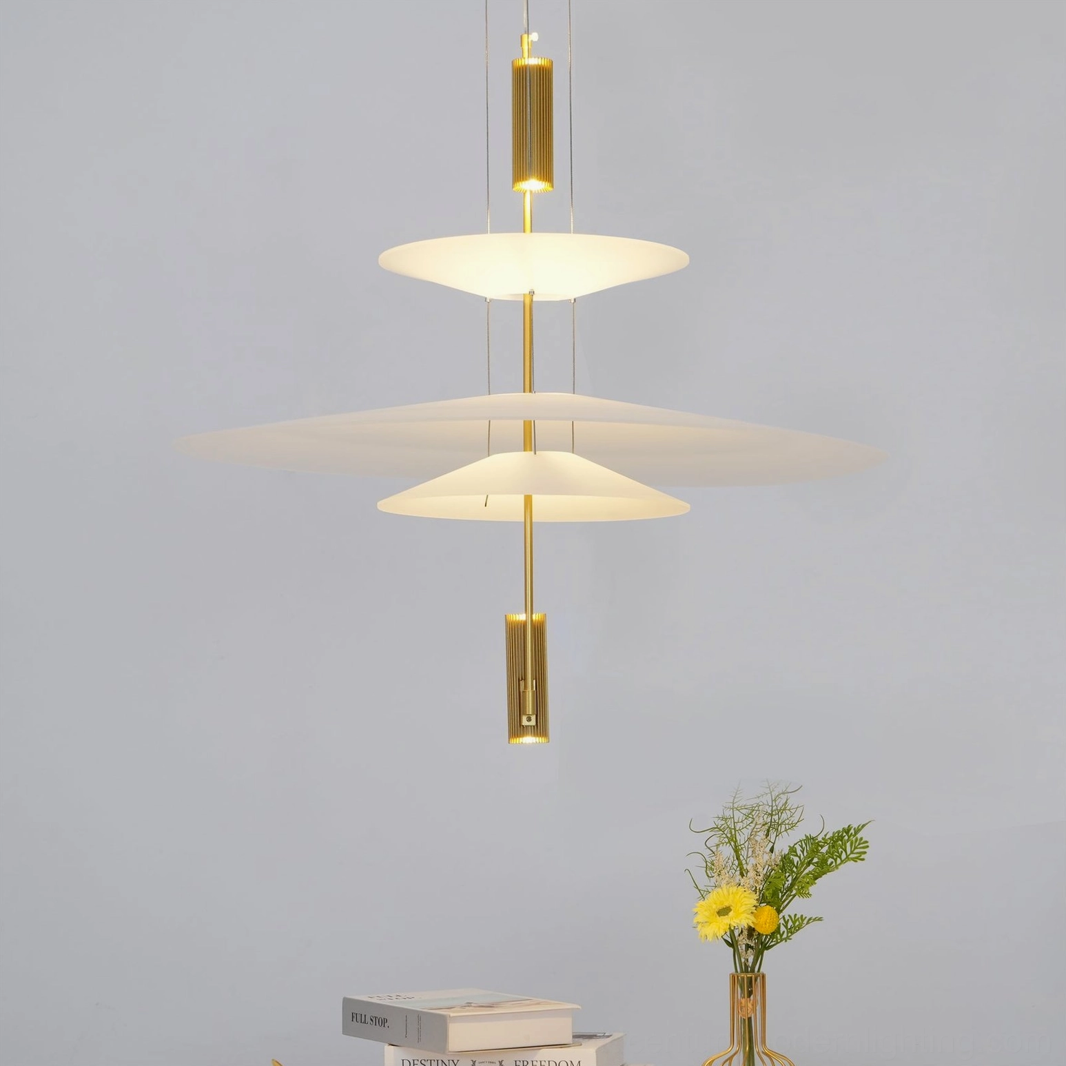 Modern living room ceiling lighting with contemporary pendant chandelier in minimalist interior space