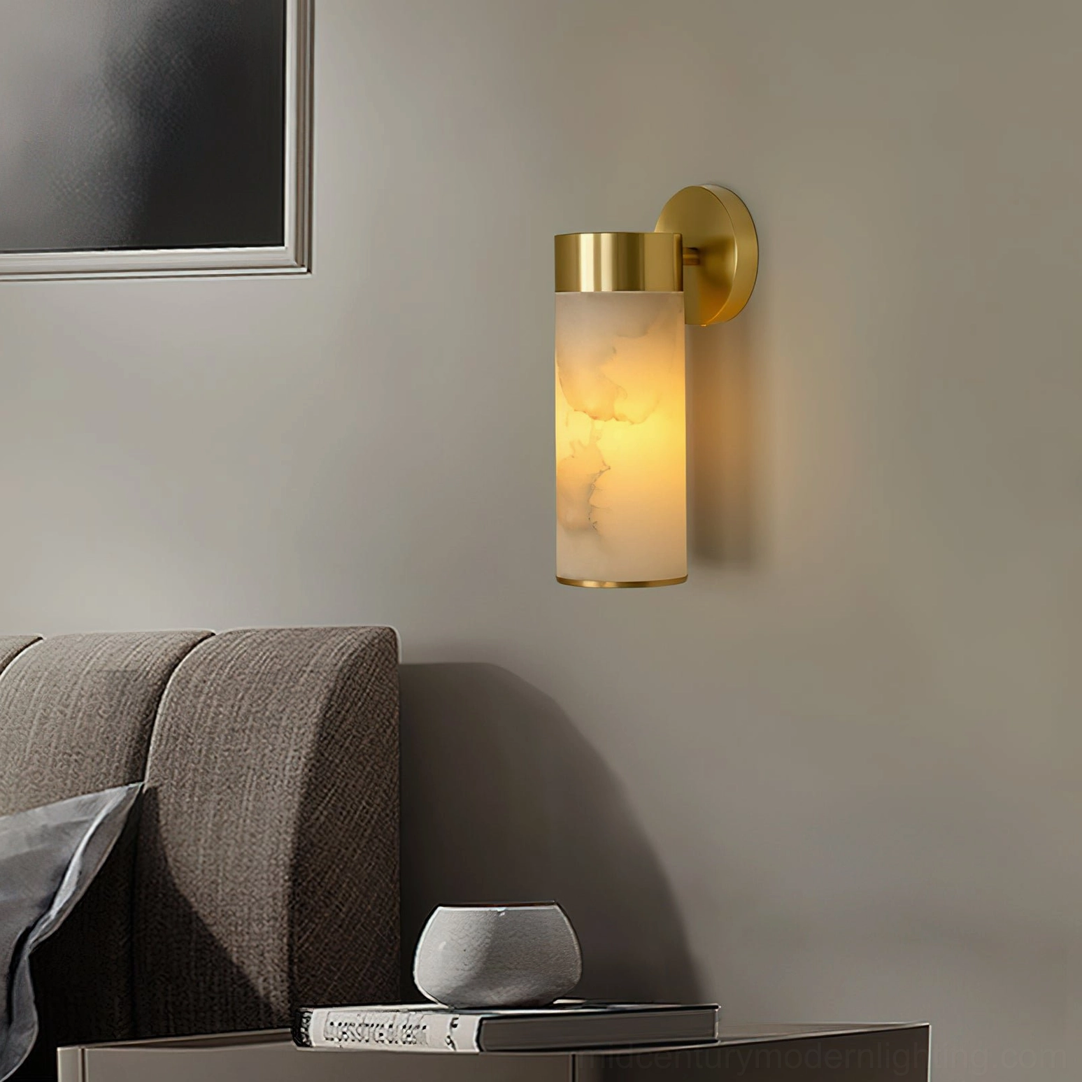 Modern minimalist wall sconce alabaster and brass, contemporary bathroom lighting fixture design angle view