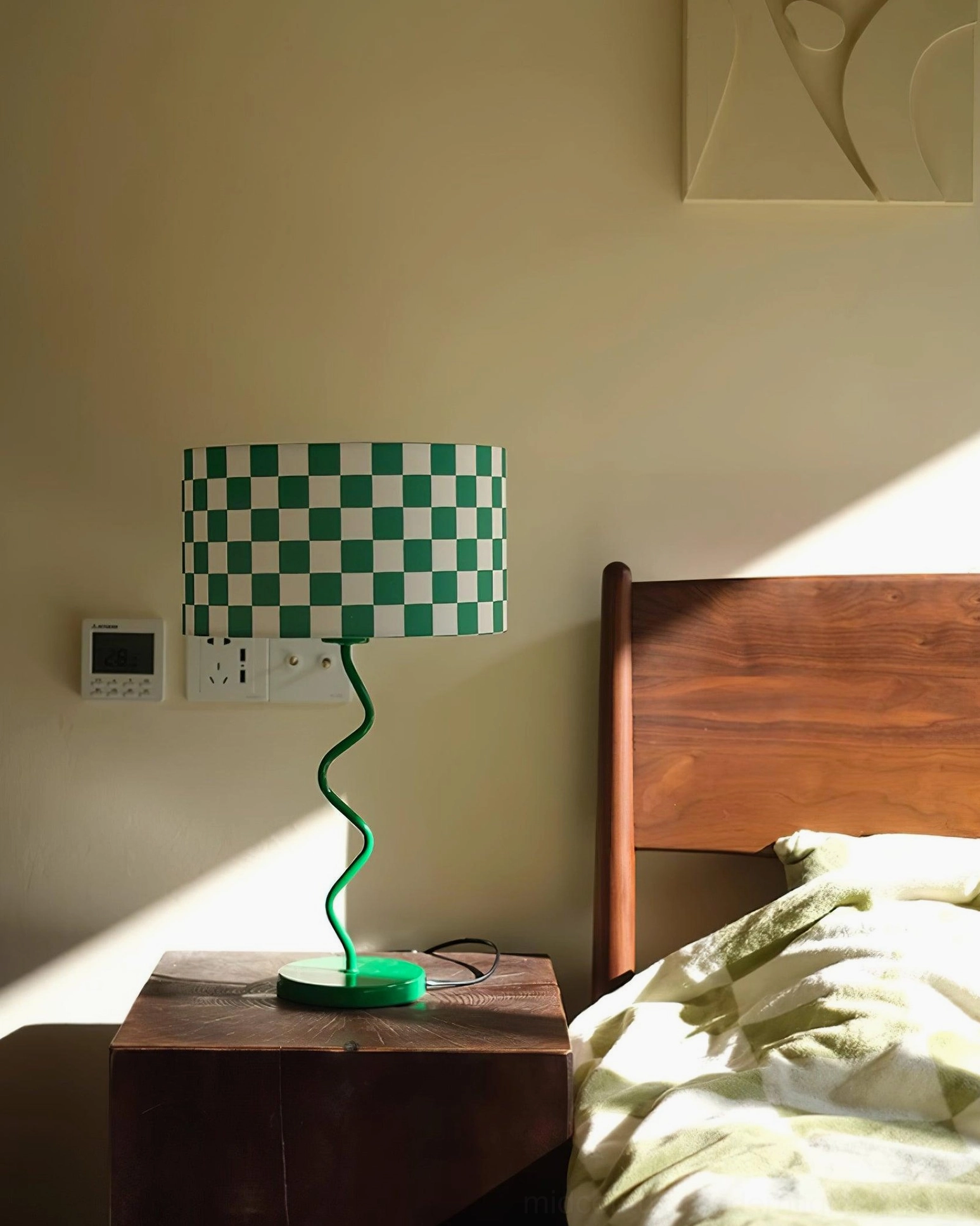 Green and white pattern fabric lamp modern design statement piece for living spaces