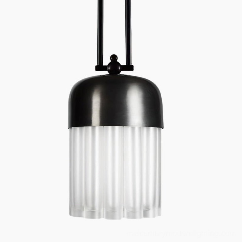 Modern pendant light fixture with frosted ribbed glass shade and dual-rod suspension for contemporary home interiors