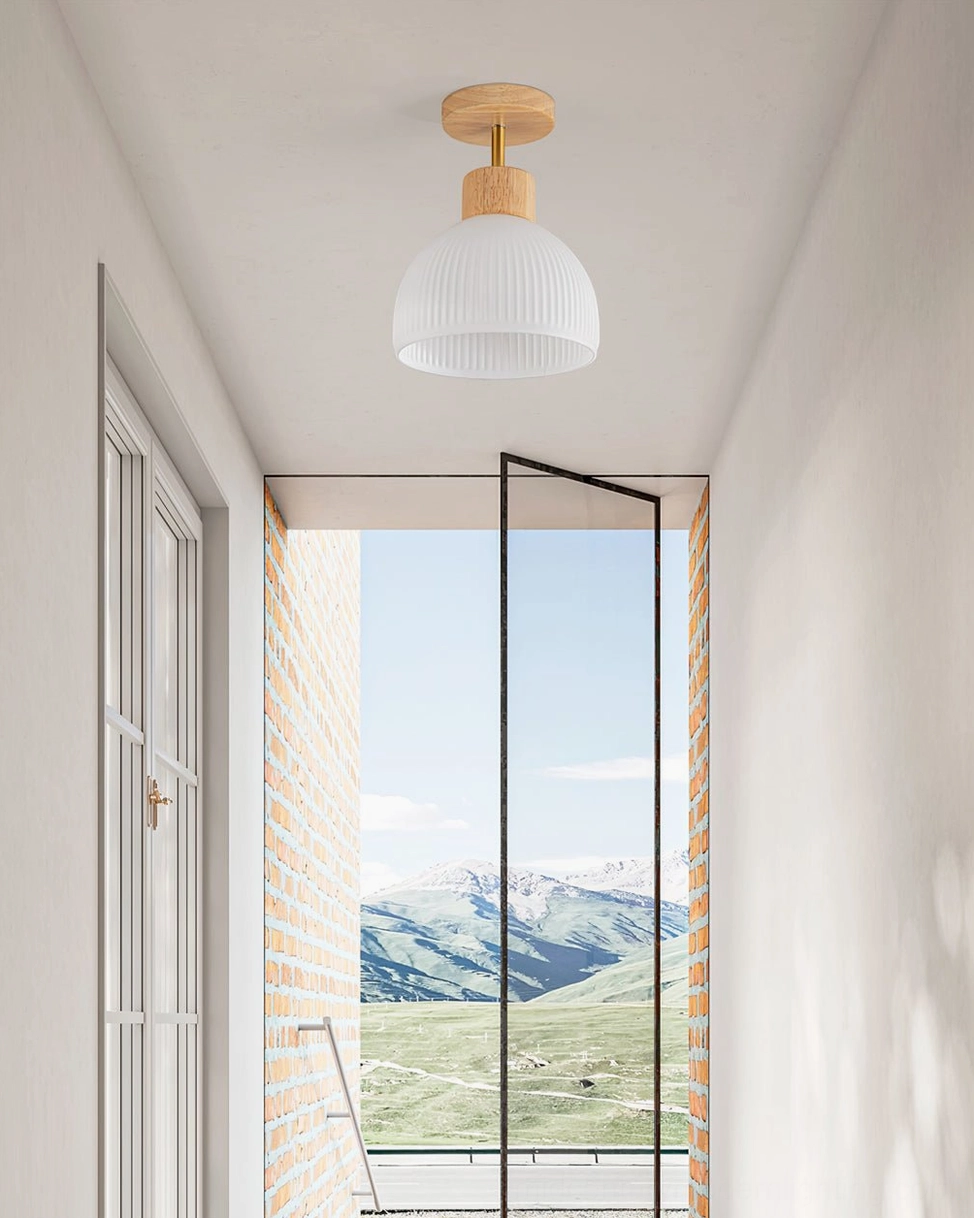 Ribbed semi-flush ceiling lamp installed in contemporary home interior space