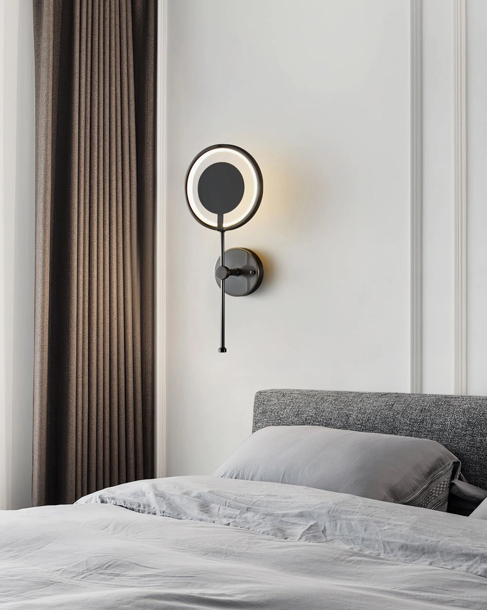 Contemporary bedroom with modern ring LED wall lamp mounted on neutral wall above nightstand