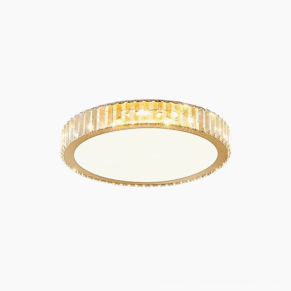 Round flush mount crystal ceiling light with brushed gold finish and clear crystal elements
