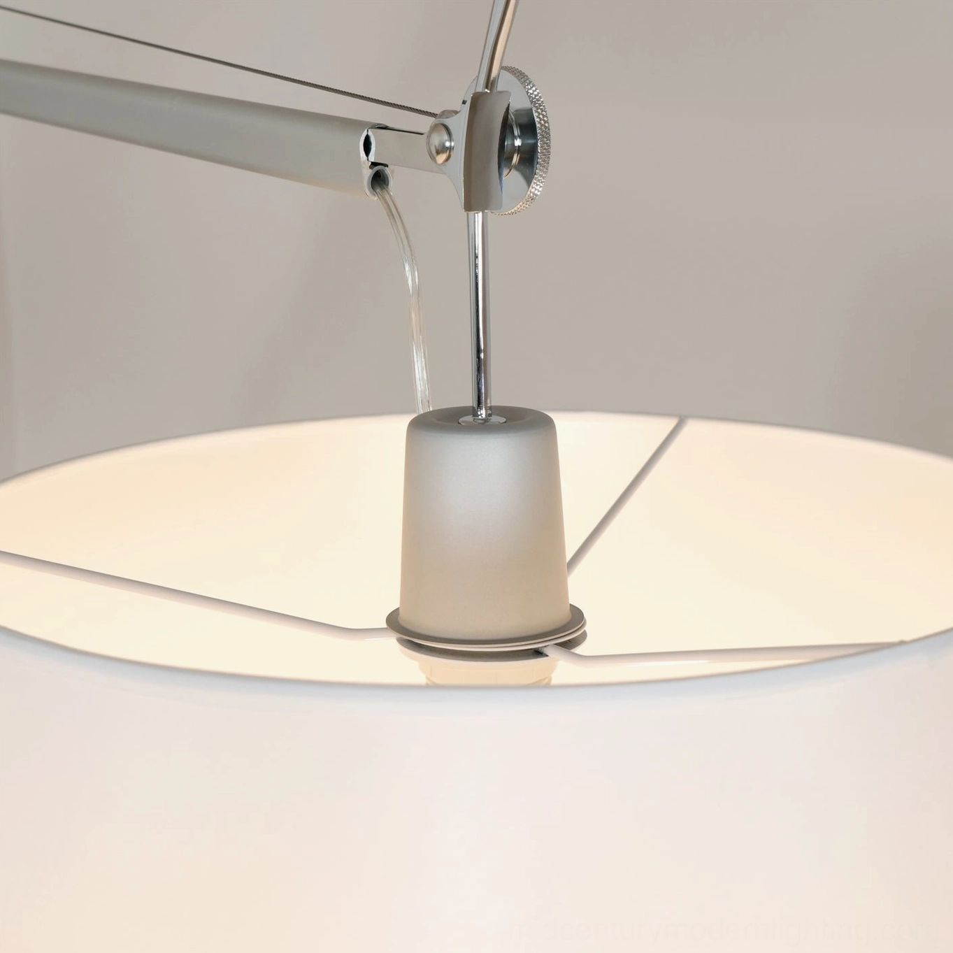 Modern swing arm floor lamp with white fabric shade, fog silver metal frame architectural design element
