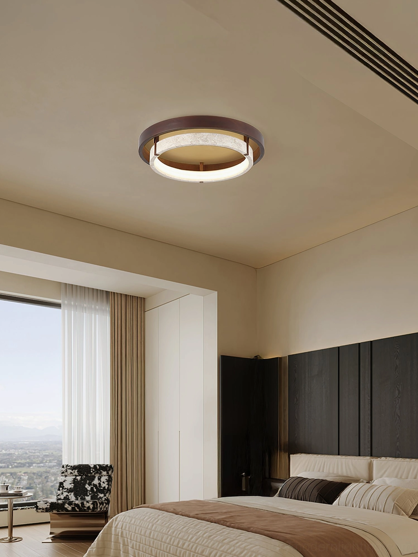 Menine ceiling fixture in contemporary bedroom with dark accent wall and city view window