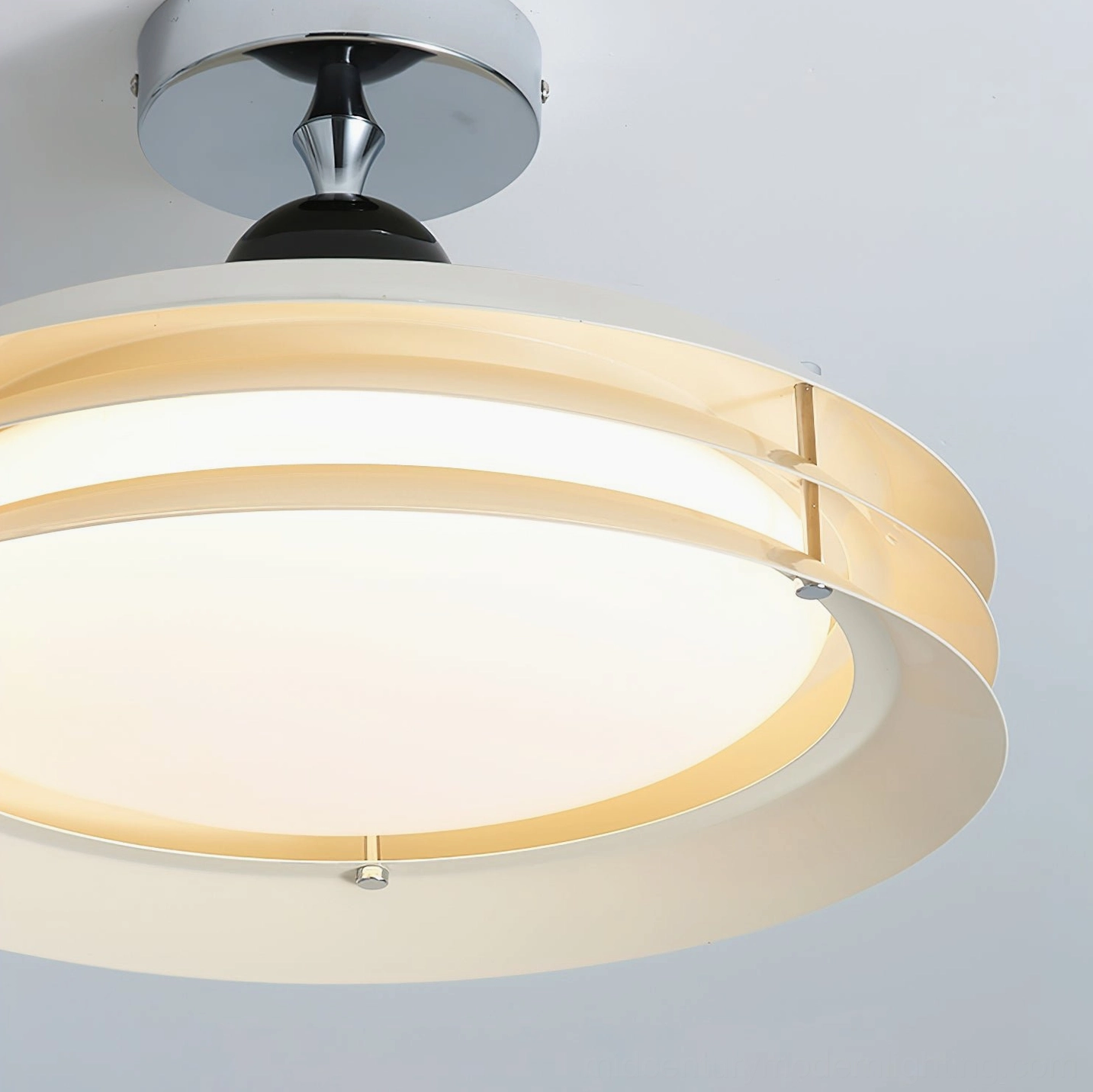 Studio view of oversized Moers 50cm ceiling lamp front angle displaying white finish with polished chrome hardware details