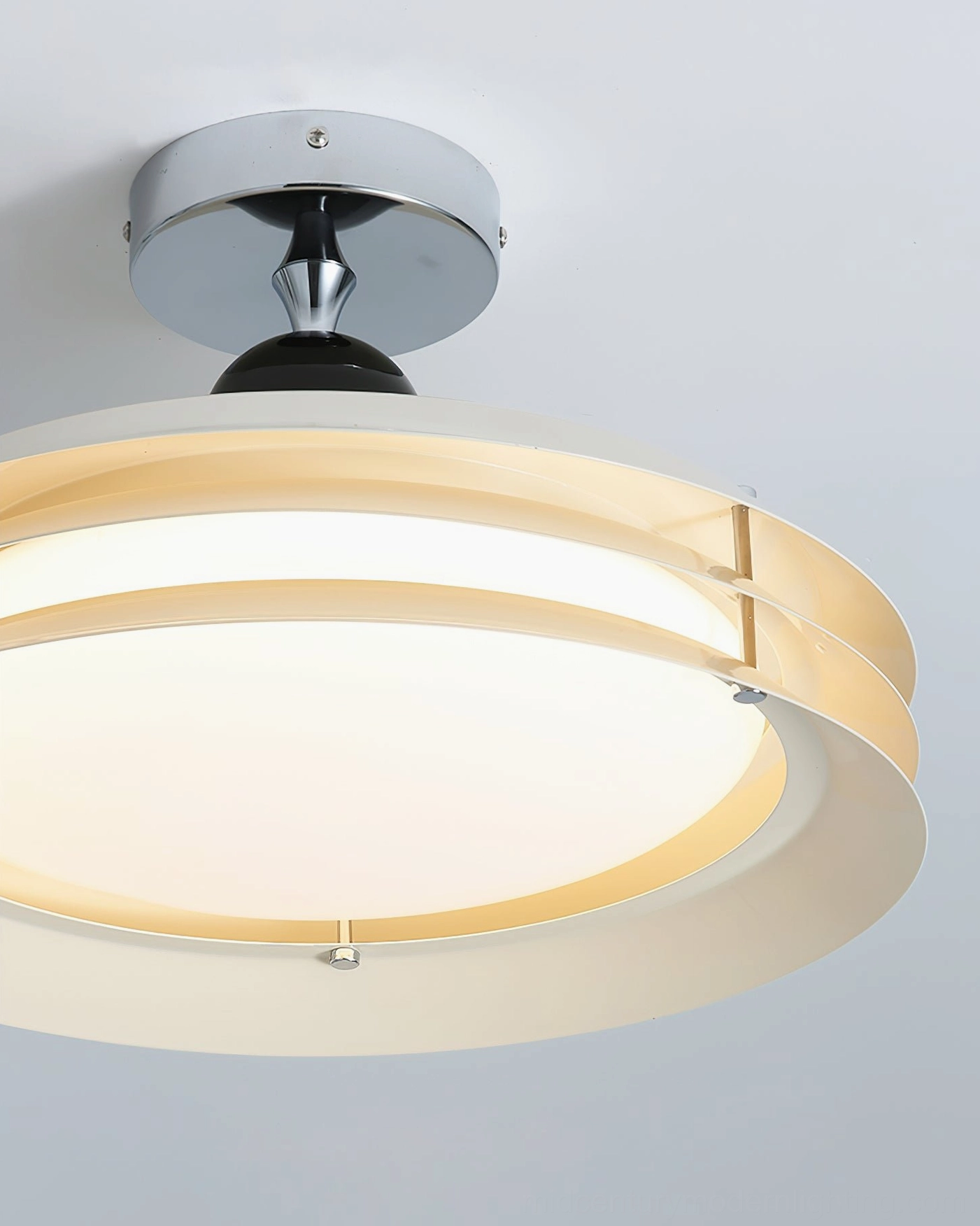 Moers geometric ceiling lamp close-up front view with light beige tone showing circular band construction and modern minimalist styling