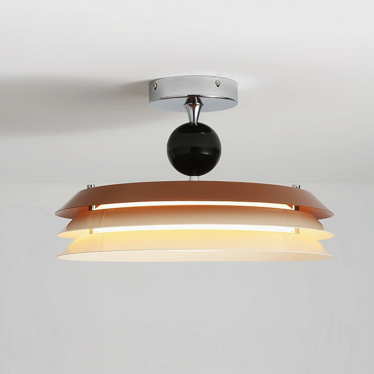 Triple-layer geometric semi-flush ceiling lamp top-down view featuring brown and white modern Nordic design bands