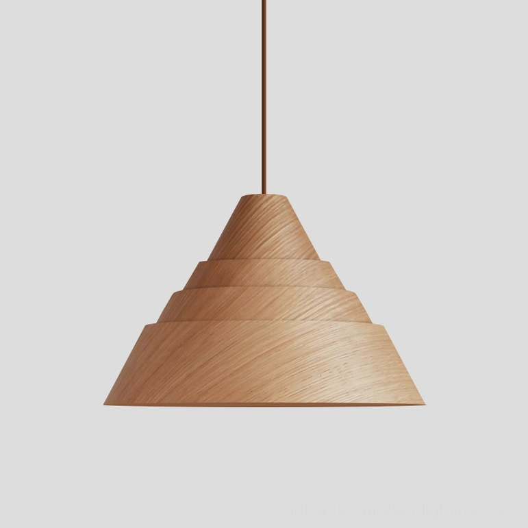 Ash wood Moku pendant lamp with light silvery finish suspended in contemporary setting, modern Scandinavian styling
