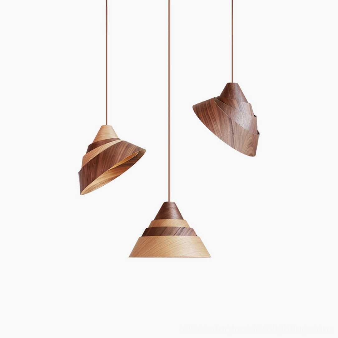 Ash wood Moku pendant light with subtle silvery grain pattern, clean tapered design for minimalist Scandinavian decor