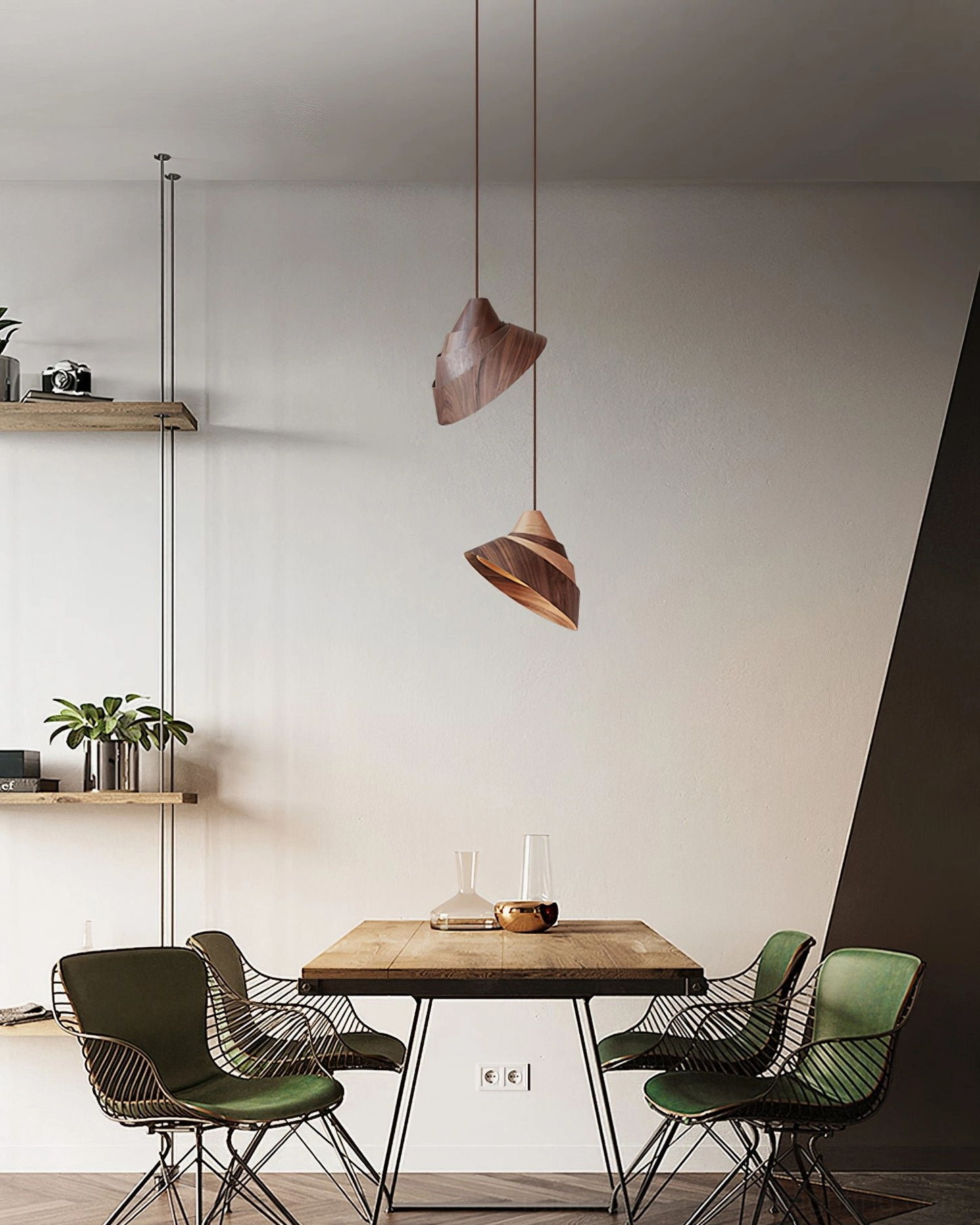 Pair of dual-tone wooden pendant lamps with irregular curved shapes in minimalist dining nook, mid-century modern style