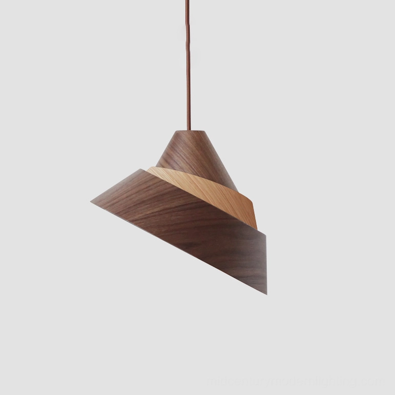 Large Moku wooden pendant light with Walnut and Ash wood combination, substantial presence in contemporary interior