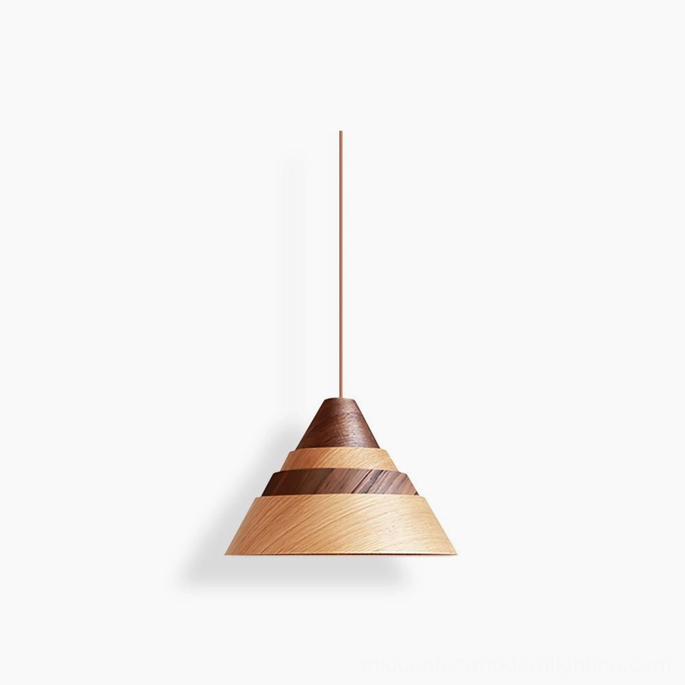 Moku wooden pendant light with tapered conical design, showcasing natural ash and walnut wood grain against minimalist white studio background