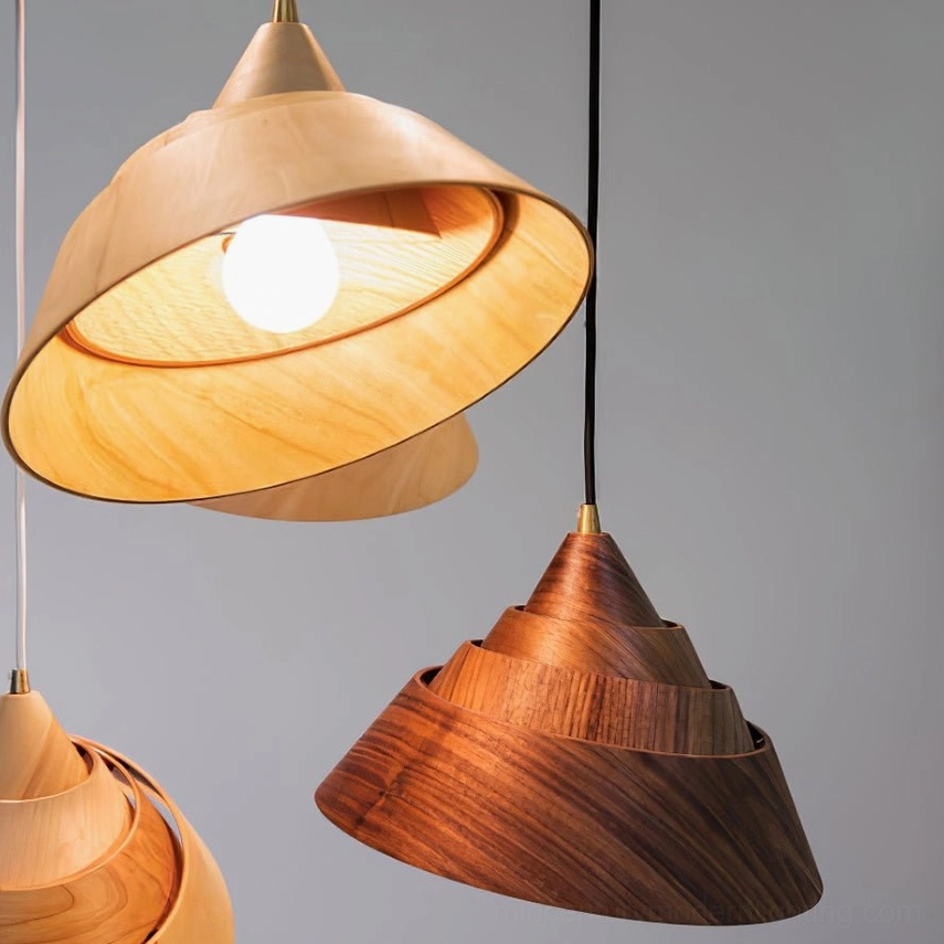 Close-up detail of illuminated Moku wooden pendant lamp showing rich wood grain texture and warm Edison bulb glow