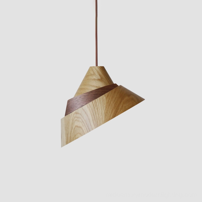 Two-tone Walnut and Ash wood Moku pendant lamp displaying mixed wood finish and contemporary aesthetic