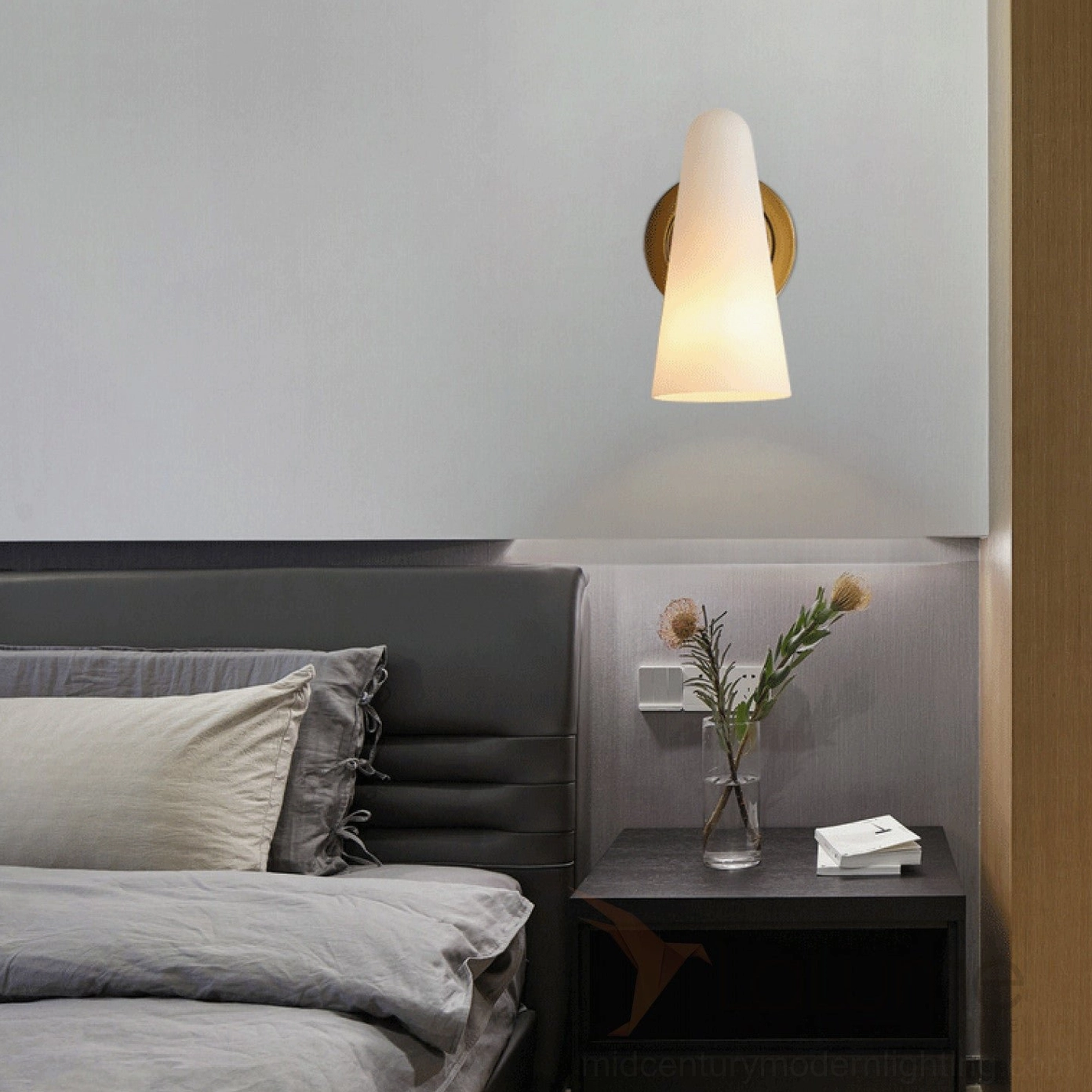 Montfaucon cone wall sconce detail showing craftsmanship of brass and frosted glass cone