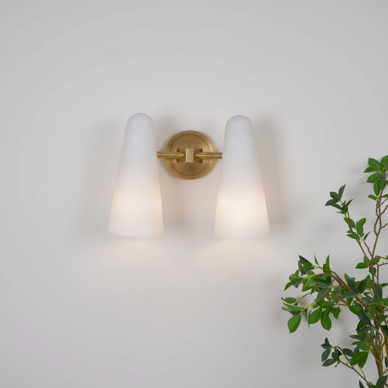 Montfaucon mid-century modern wall sconce detail shot showing brass construction and glass cone
